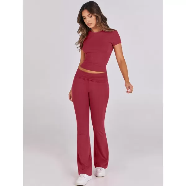 imageANRABESS Womens 2 Piece Lounge Sets Foldover Flare Pants Set Shorts Sleeve Y2K Cropped Top Casual Outfits PajamasRed