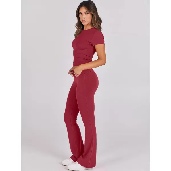 imageANRABESS Womens 2 Piece Lounge Sets Foldover Flare Pants Set Shorts Sleeve Y2K Cropped Top Casual Outfits PajamasRed