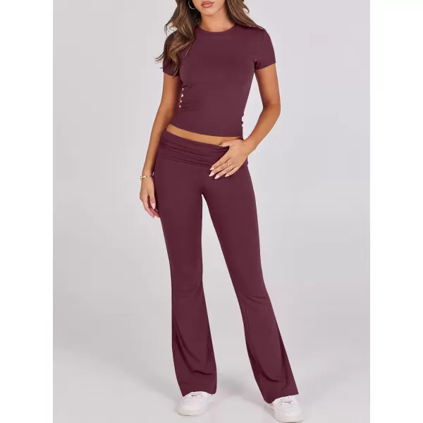 imageANRABESS Womens 2 Piece Lounge Sets Foldover Flare Pants Set Shorts Sleeve Y2K Cropped Top Casual Outfits PajamasWine Red