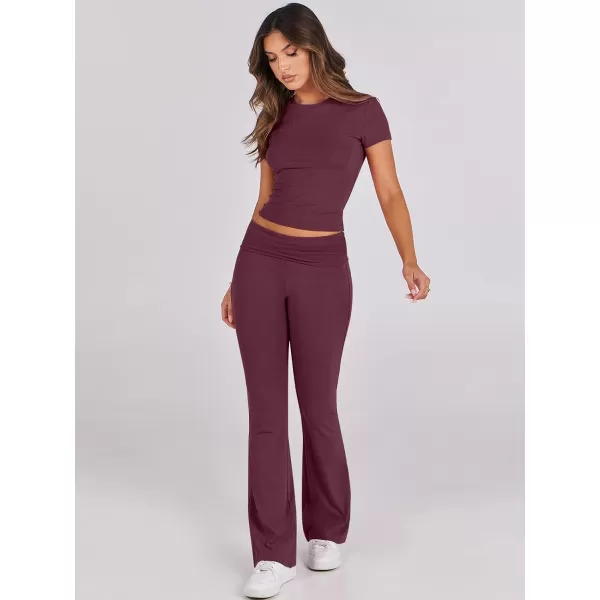 imageANRABESS Womens 2 Piece Lounge Sets Foldover Flare Pants Set Shorts Sleeve Y2K Cropped Top Casual Outfits PajamasWine Red