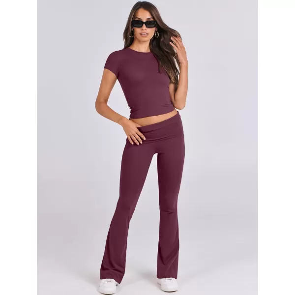 imageANRABESS Womens 2 Piece Lounge Sets Foldover Flare Pants Set Shorts Sleeve Y2K Cropped Top Casual Outfits PajamasWine Red