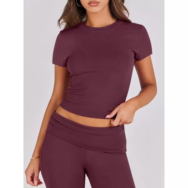 imageANRABESS Womens 2 Piece Lounge Sets Foldover Flare Pants Set Shorts Sleeve Y2K Cropped Top Casual Outfits PajamasWine Red