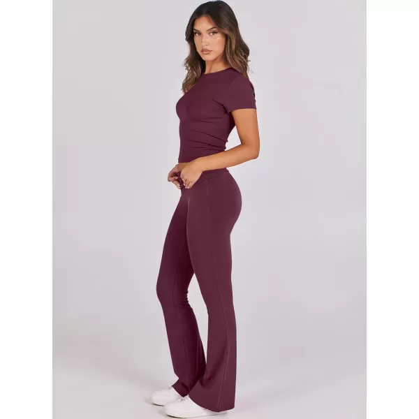 imageANRABESS Womens 2 Piece Lounge Sets Foldover Flare Pants Set Shorts Sleeve Y2K Cropped Top Casual Outfits PajamasWine Red