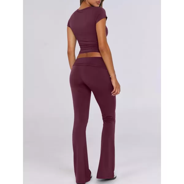 imageANRABESS Womens 2 Piece Lounge Sets Foldover Flare Pants Set Shorts Sleeve Y2K Cropped Top Casual Outfits PajamasWine Red