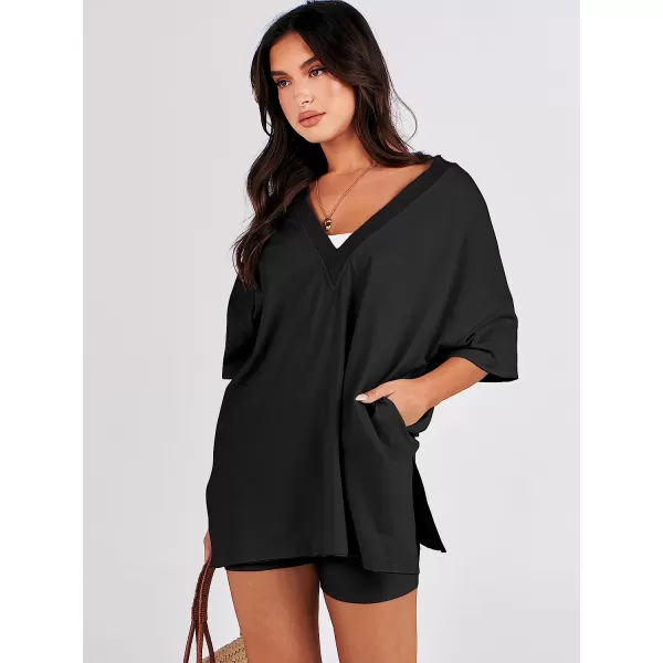 imageANRABESS Womens 2 Piece Outfit Sets Casual Oversized Reversible TShirt Tops Biker Shorts Workout Sports TracksuitBlack