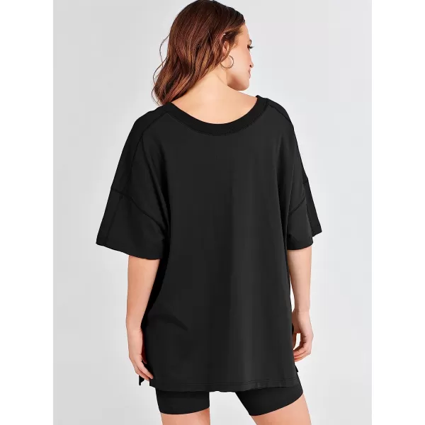 imageANRABESS Womens 2 Piece Outfit Sets Casual Oversized Reversible TShirt Tops Biker Shorts Workout Sports TracksuitBlack
