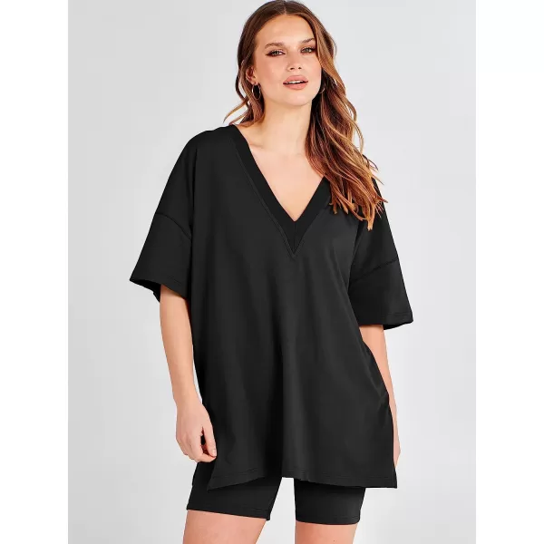 imageANRABESS Womens 2 Piece Outfit Sets Casual Oversized Reversible TShirt Tops Biker Shorts Workout Sports TracksuitBlack