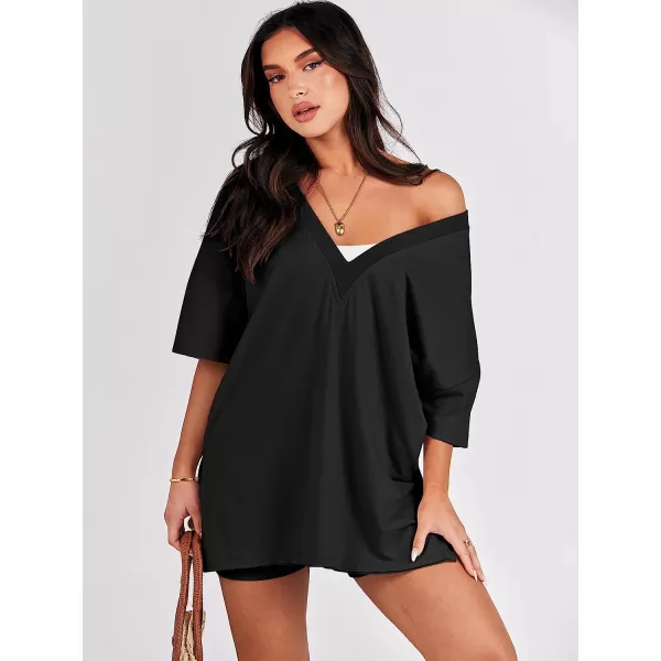 imageANRABESS Womens 2 Piece Outfit Sets Casual Oversized Reversible TShirt Tops Biker Shorts Workout Sports TracksuitBlack