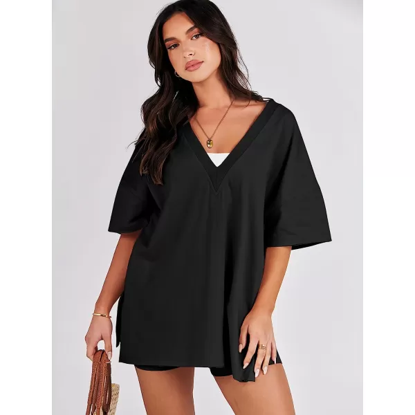 imageANRABESS Womens 2 Piece Outfit Sets Casual Oversized Reversible TShirt Tops Biker Shorts Workout Sports TracksuitBlack