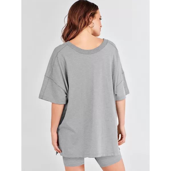 imageANRABESS Womens 2 Piece Outfit Sets Casual Oversized Reversible TShirt Tops Biker Shorts Workout Sports TracksuitGery
