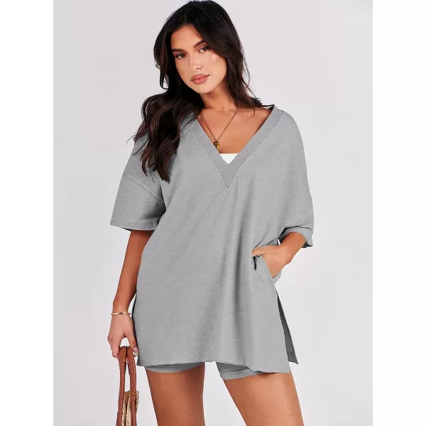 imageANRABESS Womens 2 Piece Outfit Sets Casual Oversized Reversible TShirt Tops Biker Shorts Workout Sports TracksuitGery