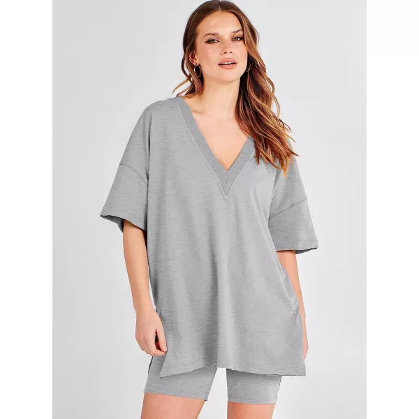 imageANRABESS Womens 2 Piece Outfit Sets Casual Oversized Reversible TShirt Tops Biker Shorts Workout Sports TracksuitGery
