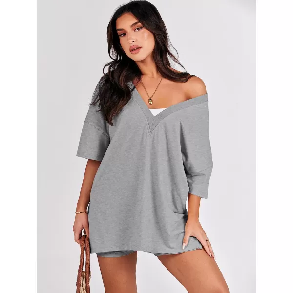 imageANRABESS Womens 2 Piece Outfit Sets Casual Oversized Reversible TShirt Tops Biker Shorts Workout Sports TracksuitGery