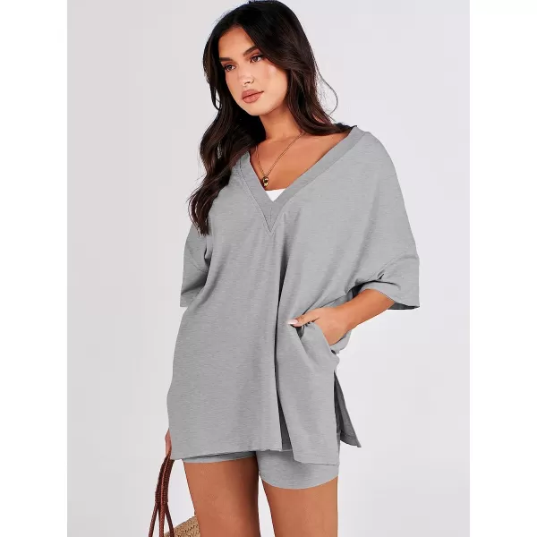 imageANRABESS Womens 2 Piece Outfit Sets Casual Oversized Reversible TShirt Tops Biker Shorts Workout Sports TracksuitGery