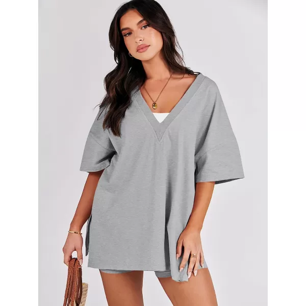 imageANRABESS Womens 2 Piece Outfit Sets Casual Oversized Reversible TShirt Tops Biker Shorts Workout Sports TracksuitGery