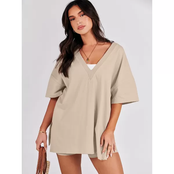 imageANRABESS Womens 2 Piece Outfit Sets Casual Oversized Reversible TShirt Tops Biker Shorts Workout Sports TracksuitKhaki