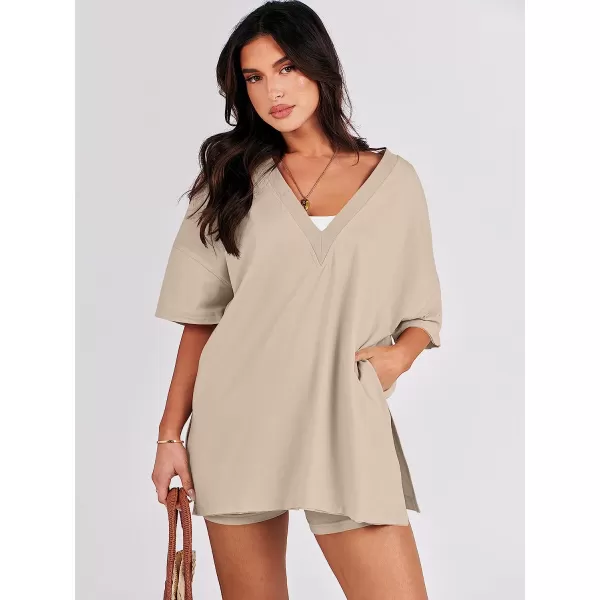 imageANRABESS Womens 2 Piece Outfit Sets Casual Oversized Reversible TShirt Tops Biker Shorts Workout Sports TracksuitKhaki