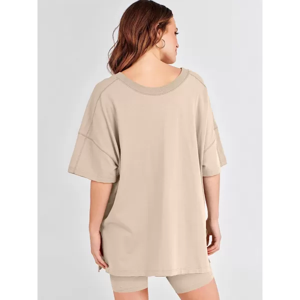 imageANRABESS Womens 2 Piece Outfit Sets Casual Oversized Reversible TShirt Tops Biker Shorts Workout Sports TracksuitKhaki