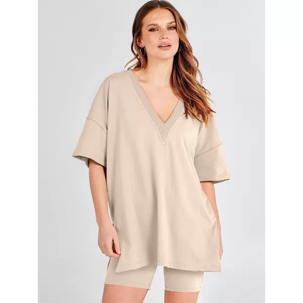 imageANRABESS Womens 2 Piece Outfit Sets Casual Oversized Reversible TShirt Tops Biker Shorts Workout Sports TracksuitKhaki