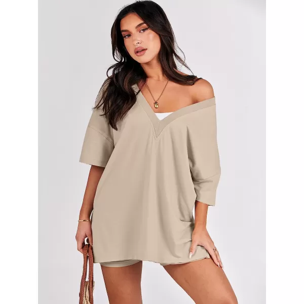 imageANRABESS Womens 2 Piece Outfit Sets Casual Oversized Reversible TShirt Tops Biker Shorts Workout Sports TracksuitKhaki