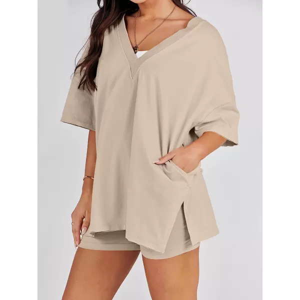imageANRABESS Womens 2 Piece Outfit Sets Casual Oversized Reversible TShirt Tops Biker Shorts Workout Sports TracksuitKhaki