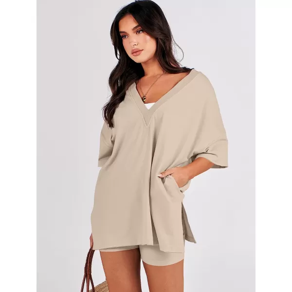 imageANRABESS Womens 2 Piece Outfit Sets Casual Oversized Reversible TShirt Tops Biker Shorts Workout Sports TracksuitKhaki