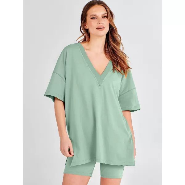 imageANRABESS Womens 2 Piece Outfit Sets Casual Oversized Reversible TShirt Tops Biker Shorts Workout Sports TracksuitLight Green