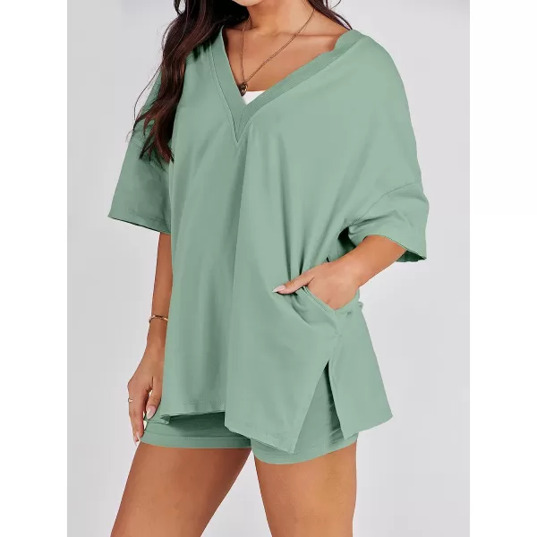 imageANRABESS Womens 2 Piece Outfit Sets Casual Oversized Reversible TShirt Tops Biker Shorts Workout Sports TracksuitLight Green