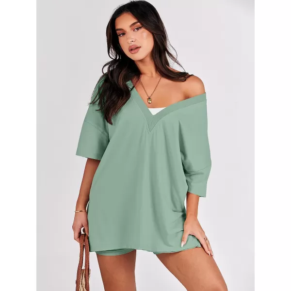 imageANRABESS Womens 2 Piece Outfit Sets Casual Oversized Reversible TShirt Tops Biker Shorts Workout Sports TracksuitLight Green