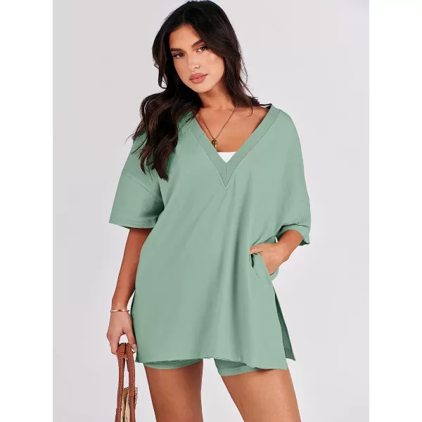 imageANRABESS Womens 2 Piece Outfit Sets Casual Oversized Reversible TShirt Tops Biker Shorts Workout Sports TracksuitLight Green