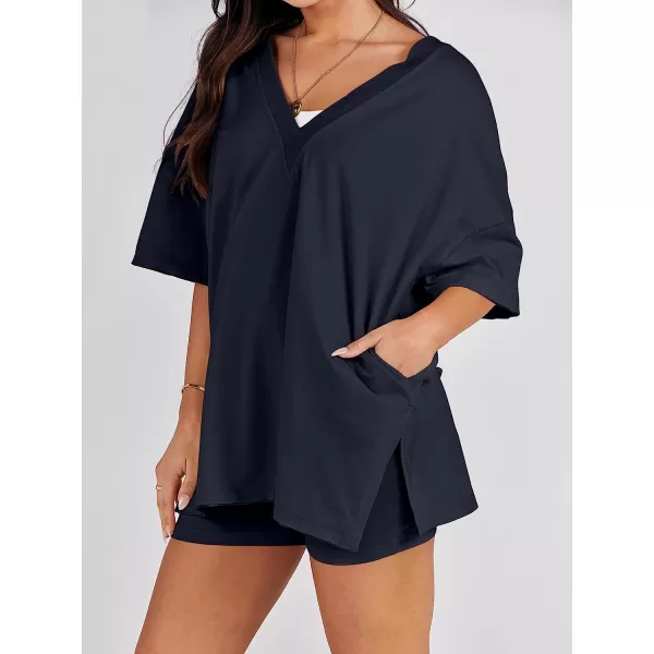 imageANRABESS Womens 2 Piece Outfit Sets Casual Oversized Reversible TShirt Tops Biker Shorts Workout Sports TracksuitNavy Blue