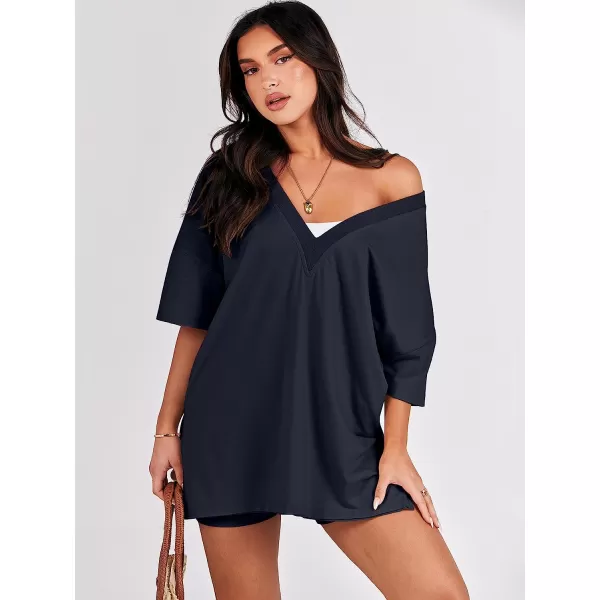 imageANRABESS Womens 2 Piece Outfit Sets Casual Oversized Reversible TShirt Tops Biker Shorts Workout Sports TracksuitNavy Blue