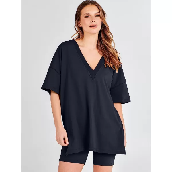 imageANRABESS Womens 2 Piece Outfit Sets Casual Oversized Reversible TShirt Tops Biker Shorts Workout Sports TracksuitNavy Blue