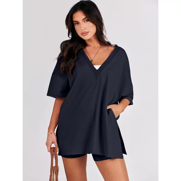 imageANRABESS Womens 2 Piece Outfit Sets Casual Oversized Reversible TShirt Tops Biker Shorts Workout Sports TracksuitNavy Blue
