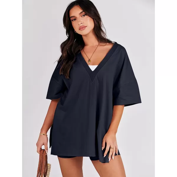 imageANRABESS Womens 2 Piece Outfit Sets Casual Oversized Reversible TShirt Tops Biker Shorts Workout Sports TracksuitNavy Blue