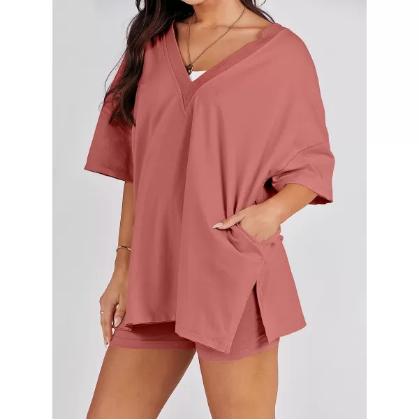 imageANRABESS Womens 2 Piece Outfit Sets Casual Oversized Reversible TShirt Tops Biker Shorts Workout Sports TracksuitRust