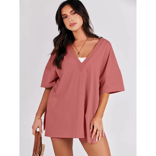 imageANRABESS Womens 2 Piece Outfit Sets Casual Oversized Reversible TShirt Tops Biker Shorts Workout Sports TracksuitRust
