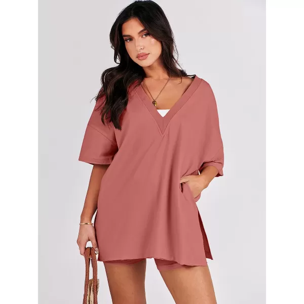imageANRABESS Womens 2 Piece Outfit Sets Casual Oversized Reversible TShirt Tops Biker Shorts Workout Sports TracksuitRust