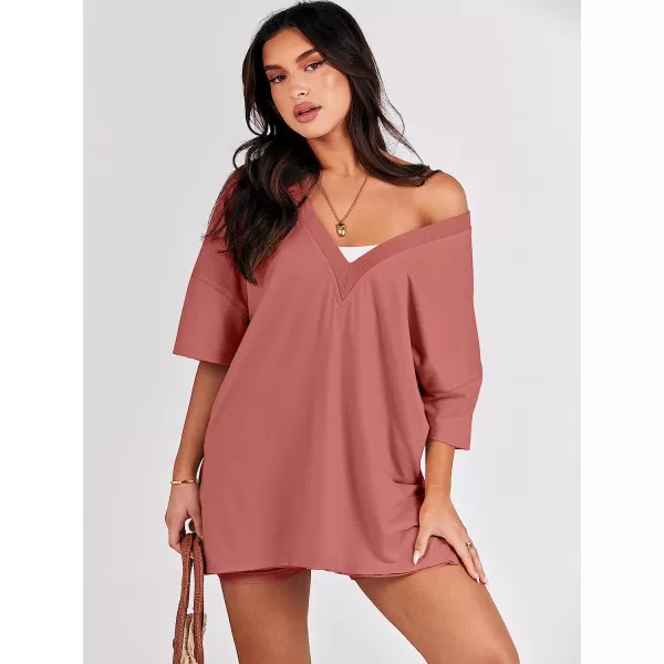 imageANRABESS Womens 2 Piece Outfit Sets Casual Oversized Reversible TShirt Tops Biker Shorts Workout Sports TracksuitRust