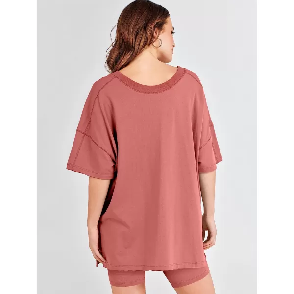 imageANRABESS Womens 2 Piece Outfit Sets Casual Oversized Reversible TShirt Tops Biker Shorts Workout Sports TracksuitRust