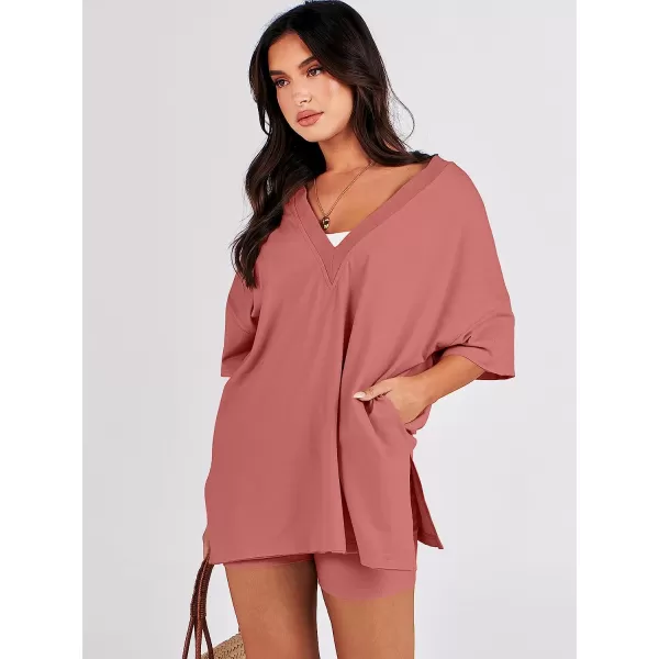 imageANRABESS Womens 2 Piece Outfit Sets Casual Oversized Reversible TShirt Tops Biker Shorts Workout Sports TracksuitRust