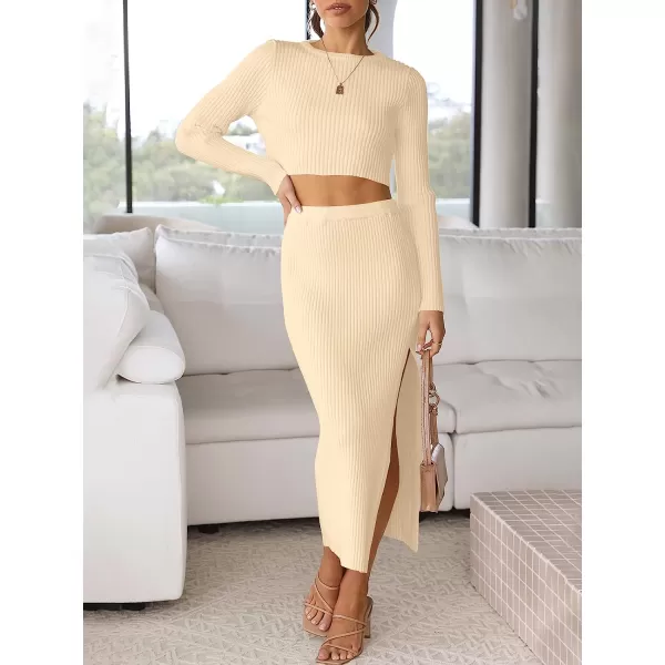 imageANRABESS Womens 2 Piece Outfits Dress Long Sleeve Crop Sweater Top amp Ribbed Midi Bodycon Skirt SetApricot