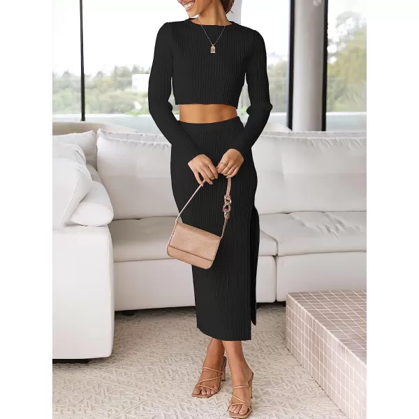 imageANRABESS Womens 2 Piece Outfits Dress Long Sleeve Crop Sweater Top amp Ribbed Midi Bodycon Skirt SetBlack