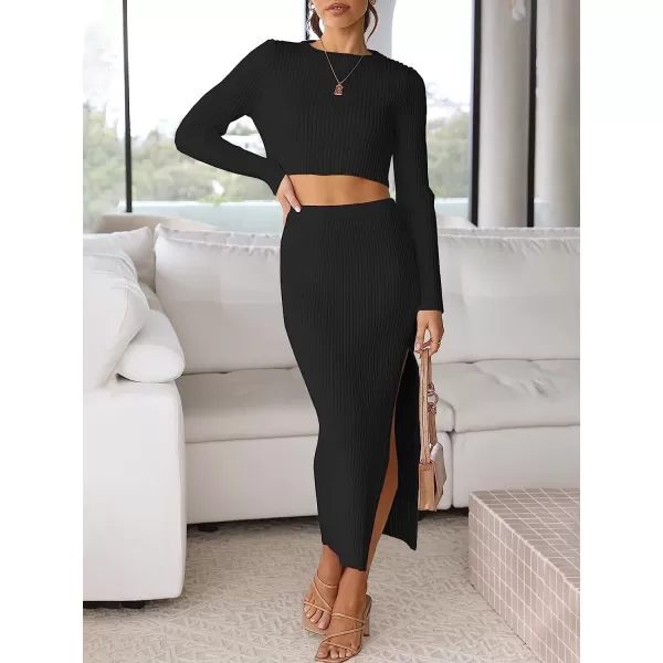 imageANRABESS Womens 2 Piece Outfits Dress Long Sleeve Crop Sweater Top amp Ribbed Midi Bodycon Skirt SetBlack