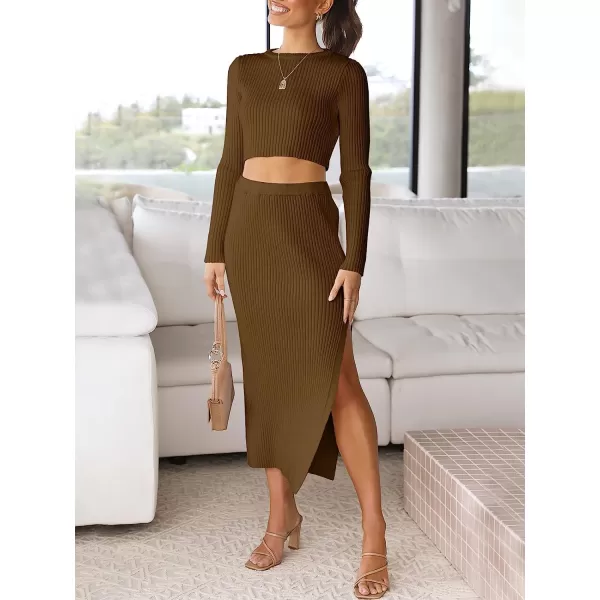 imageANRABESS Womens 2 Piece Outfits Dress Long Sleeve Crop Sweater Top amp Ribbed Midi Bodycon Skirt SetBrown