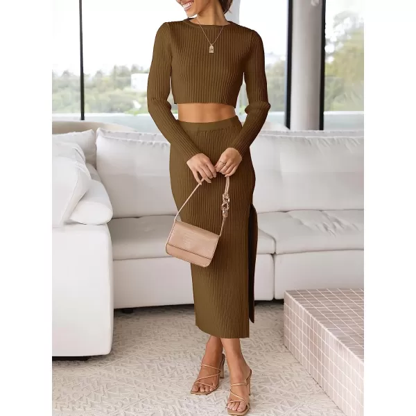 imageANRABESS Womens 2 Piece Outfits Dress Long Sleeve Crop Sweater Top amp Ribbed Midi Bodycon Skirt SetBrown