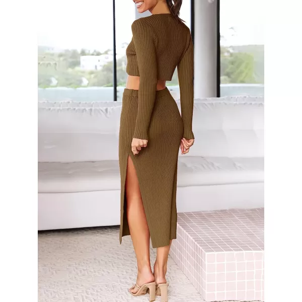 imageANRABESS Womens 2 Piece Outfits Dress Long Sleeve Crop Sweater Top amp Ribbed Midi Bodycon Skirt SetBrown