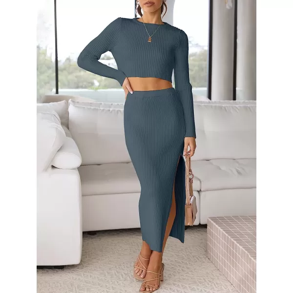 imageANRABESS Womens 2 Piece Outfits Dress Long Sleeve Crop Sweater Top amp Ribbed Midi Bodycon Skirt SetDusty Blue