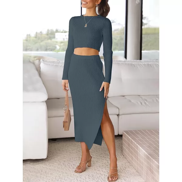 imageANRABESS Womens 2 Piece Outfits Dress Long Sleeve Crop Sweater Top amp Ribbed Midi Bodycon Skirt SetDusty Blue