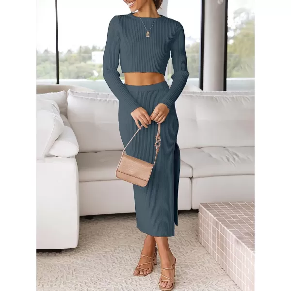 imageANRABESS Womens 2 Piece Outfits Dress Long Sleeve Crop Sweater Top amp Ribbed Midi Bodycon Skirt SetDusty Blue